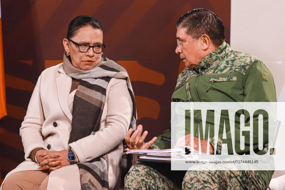 Mexican President, Andres Manuel Lopez Obrador Press Conference December 13, 2023 in Mexico City, Mexico: Rosa Icela Rodriguez, Secretary of Citizen Security and Luis Cresencio Sandoval, Minister of national Defense during the briefing conference of Mexican President, Andres Manuel Lopez Obrador at the National Palace Mexico City Mexico
