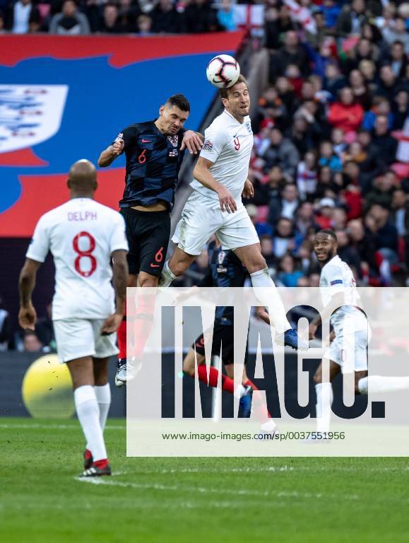 Harry Kane of England wins the header with Dejan Lovren of Croatia during the UEFA Nation League Group Stage match between England and Croatia at Wembley Stadium, London, England on 18 November 2018.