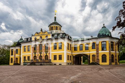Castle Belvedere near Weimar Thuringia Germany is a elegant summer residence dating from 18th century. View from the Castle park. weimar germany belvedere palace castle park schloss thuringia goethe schiller building architecture travel baroque landmark facade residence historical garden landscape yellow heritage history house old unesco culture panorama historic monument tourism chateau university pavillon orangery visit green orangerie europe experience destination countryside tree orange recreation