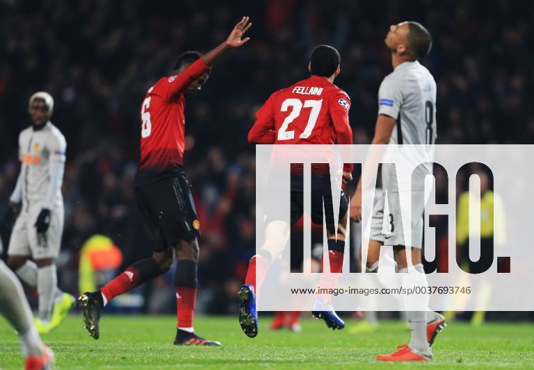 Manchester United ManU s Marouane Fellaini celebrates after scoring his teams first goal during the UEFA Champions League match at Old Trafford, Manchester. Picture date 27th November 2018. Picture credit should read: Matt McNulty Sportimage .