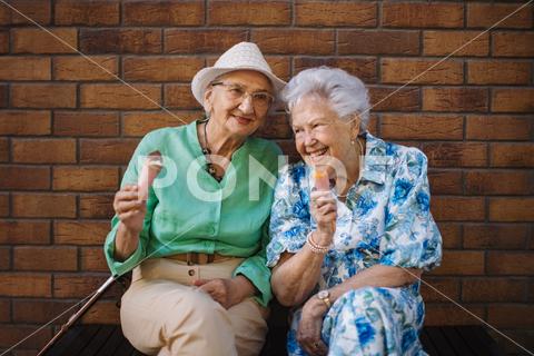 Portrait of two senior female friends in the city, eating ice cream on a hot summer day. Elderly ladies on summer vacation in the city. Pensioners on group trip. Concept of senior vacation and travel groups, clubs. senior city ice cream woman retirement pensioner lifestyle active outdoor elderly old joy vitality happiness smiling eating street togetherness trendy happy holding tourist cone community bonding enjoyment lady older brick wall sitting travel group travel club senior travel traveling vacation chronic illness diabetes heart disease alzheimers disease mental health osteoporosis arthritis dementia hypertension cholesterol depresion rheumatoid arthritis incontinence