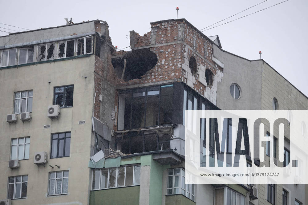 Russian drone attack on residential building in Kyiv, Ukraine - 22 Dec 2023 A view shows an apartment building damaged during a Russian drone strike in Kyiv. At least two people were injured after a Russian drone attack hit a residential building in Kyiv, for the third time.Russia s Shahed type drone hit a residential building in the Ukrainian capital. Kyiv Ukraine
