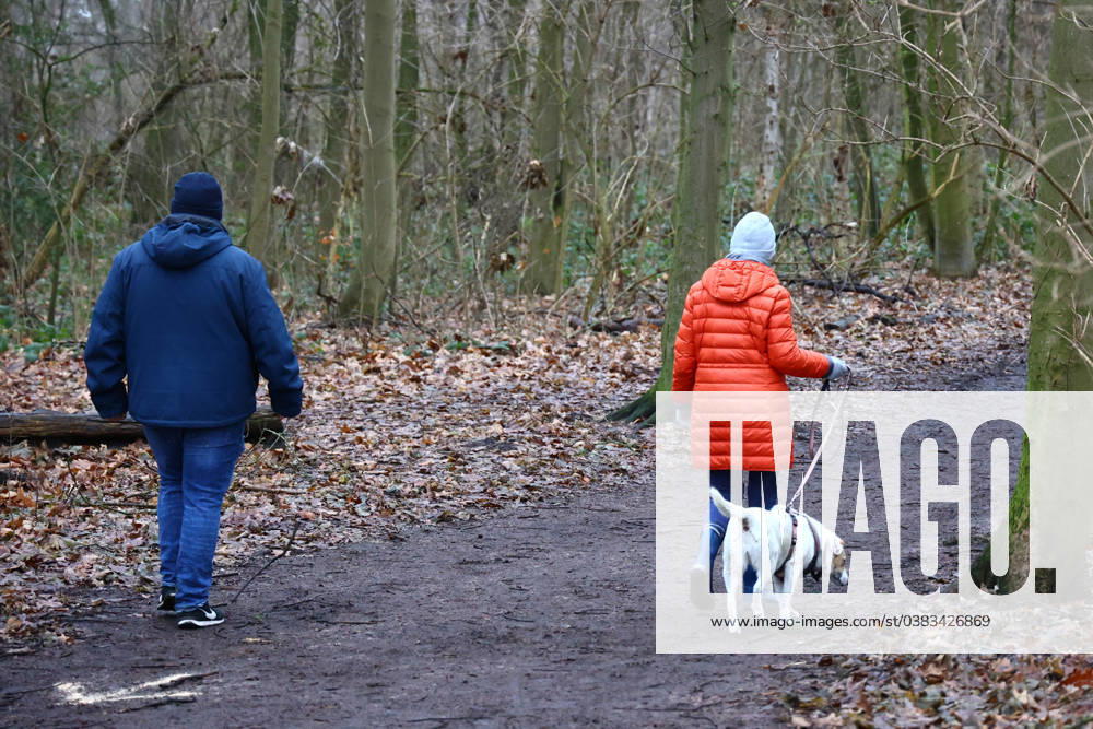 Rentner Ehepaar beim Gassi gehen mit Hund