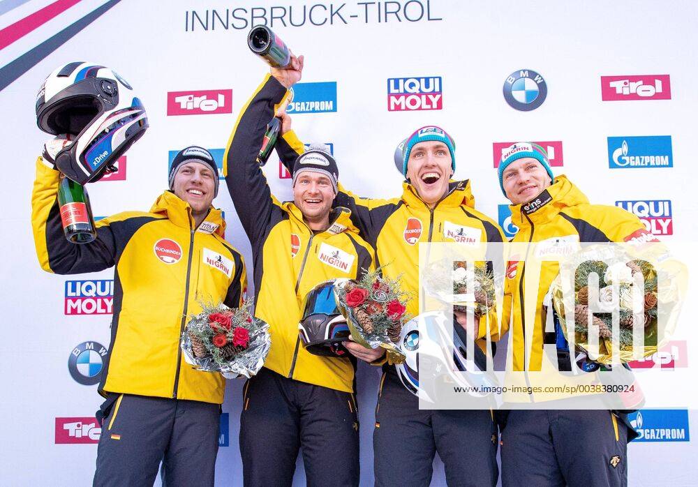 Olympia Eiskanal, Innsbruck, AUT, BMW IBSF Weltcup Bob, Igls, Herren Zweisitzer, Siegerehrung, im Bild v.l. Florian Bauer, Johannes Lochner (GER, 2. Platz), Thorsten Margis, Francesco Friedrich (GER, 1. Platz), f.l. second placed Florian Bauer and Johannes Lochner of Germany winner Thorsten Margis and Francesco Friedrich of Germany during the winner Ceremony of the men s doubles Bobsleigh of the BMW IBSF Bob World Cup at the Olympia Eiskanal in Innsbruck, Austria on 2019 01 19. Innsbruck