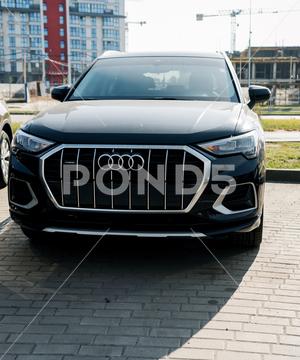 Minsk, Belarus, October, 2023 - front view of new Audi Q3. german premium auto auto automobile automotive drive transport audi car vehicle german design road fast luxury model motor power show speed suv business industry modern new white style brand company emblem expensive future international logotype luxurious premium shiny signs silver traffic wheel comfort comfortable compact