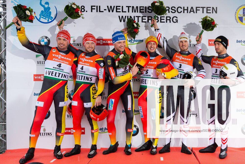 KW04 v.li.: Tobias Wendl (GER, Deutschland), Tobias Arlt (GER, Deutschland), Toni Eggert (GER, Deutschland), Sascha Benecken (GER, Deutschland), Thomas Steu (AUT, Österreich), Lorenz Koller (AUT, Österreich); Flower Ceremony, Blumenzeremonie, Siegerehrung; Jubel, celebration, FIL-Rennrodel-Weltmeisterschaft 2019 Winterberg,