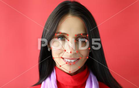 Biometric verification smiling woman portrait on red background. People tracking search concept. Neural visual networks usage neural protection scanning business identify software sensor person interface authentication young vision safety electronic secure people smart recognition biometric face facial device scan authorization verification technology reader grid security beauty network identification scanner digital id system identity password data human detection tech concept futuristic unlock access cyber science intelligence passport
