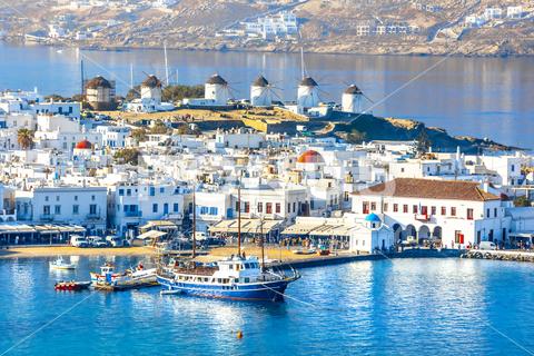 Panoramic view of Mykonos town, Greece panorama cityscape white oia culture tourist old house building traditional village best top aerial attraction luxury nature myconos mikonos bay outdoors idyllic european mill city coast scenic santorini windmill destination beautiful beach landmark famous town holiday view landscape aegean vacation island europe mediterranean summer sea greek mykonos cyclades greece travel