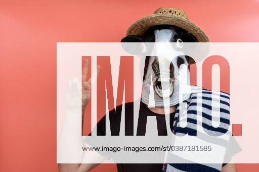 IMAGO Creative, Gesellschaft, Fasching A man in a cows head costume with a towel and straw hat isolated on a pink background 2021977 RECORD DATE NOT STATED