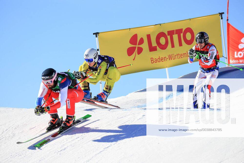 KW07 FREESTYLE SKIING - FIS SX WC Feldberg FELDBERG,GERMANY,16.FEB.19 - FREESTYLE SKIING - FIS World Cup, Ski Cross. Image shows Ryan Regez (SUI), Florian Wilmsmann (GER) and Jean Frederic Chapuis (FRA). GEPAxpictures Buehner