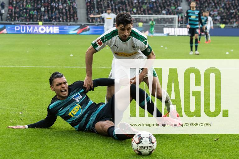 (L-R) Lars Stindl of Borussia Mönchengladbach, Karim Rekik of Hertha BSC (DFL regulations prohibit any use of photographs as image sequences and or quasi-video) during the 1. Bundesliga match between Borussia Monchengladbach and Hertha BSC Berlin at the Borussia-Park, on February 09, 2019 in Monchengladbach, Germany 1. Bundesliga 2018 2019 Imagesx xGerritxvanxKeulenxIVx 13657540