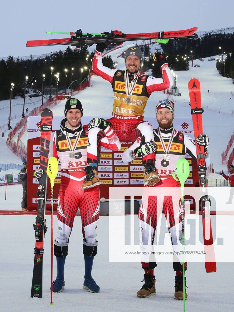 KW07 ALPINE SKIING - FIS Ski WC Are ARE,SWEDEN,17.FEB.19 - ALPINE SKIING - FIS Alpine World Ski Championships, slalom, men, award ceremony. Image shows Michael Matt, Marcel Hirscher and Marco Schwarz (AUT). Keywords: medal. GEPAxpictures xWolfgangxGrebien