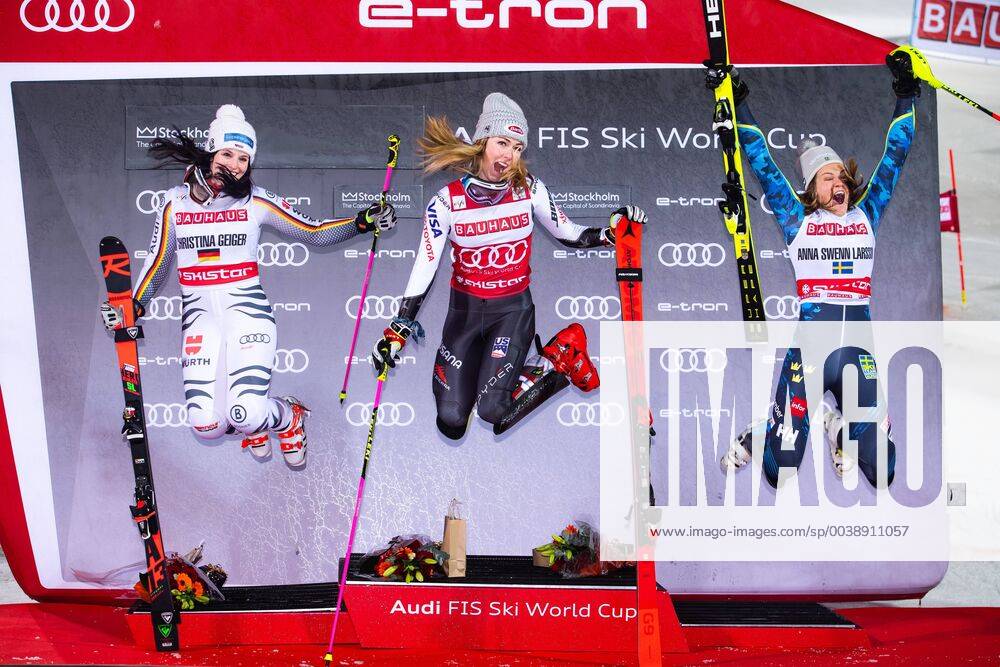 Christina Geiger of Germany, Mikaela Shiffrin of USA and Anna Swenn-Larsson of Sweden celebrates on the podium after the FIS alpine world cup city event on February 19, 2019 in Stockholm.