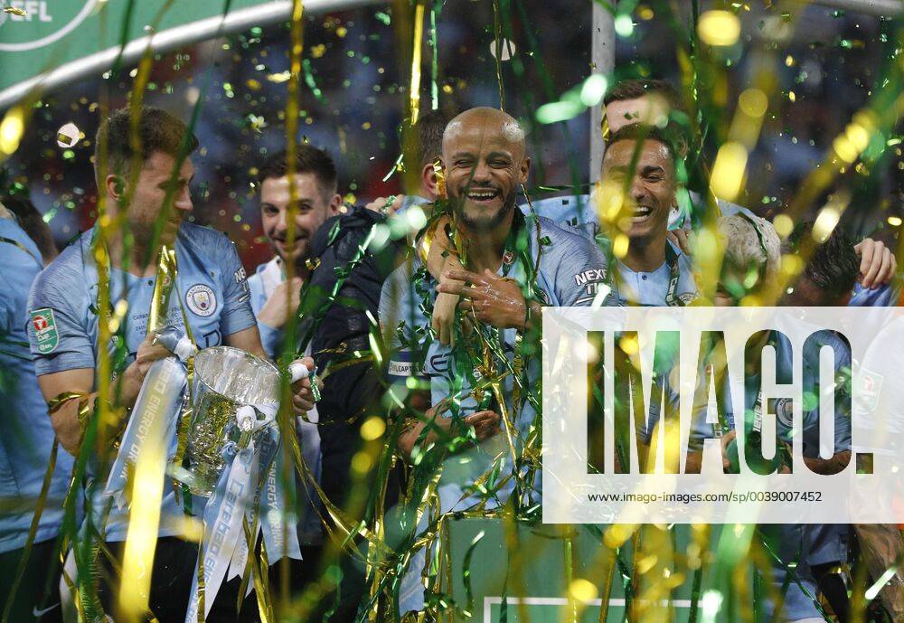 KW08 Vincent Kompany of Manchester City celebrates winning the cup during the Carabao Cup Final match at Wembley Stadium, London. Picture date: 24th February 2019. Picture credit should read: Darren Staples Sportimage . _AZ20445