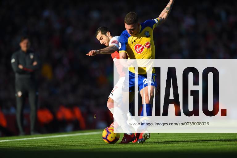London, England, United Kingdom - Southampton midfielder Pierre-Emile Hojbjerg hassles Arsenal midfielder Henrikh Mkhitaryan during the Premier League match between Arsenal and Southampton at the Emirates Stadium, London on Sunday 24th February 2019. Arsenal FC v Southampton FC - Premier League - ZUMAn230 20190224_zaa_n230_516
