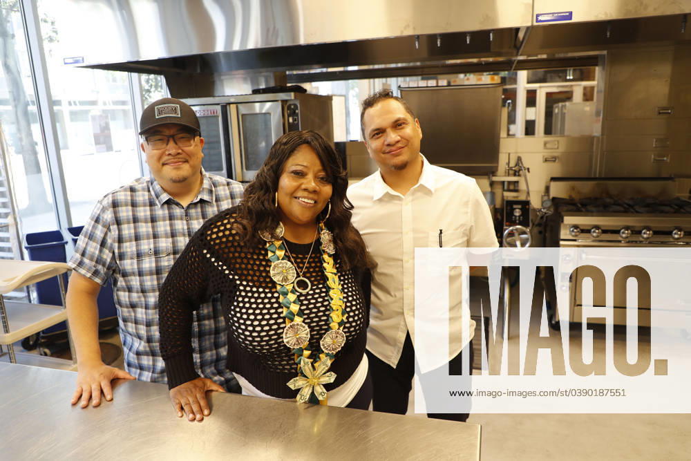 Joyce Hicks (center), graduate student and resident; shown with Jason Pruett (left), Director, and Chef Johnny Leiva, Chef Training instructor, of the Chef training program run by Episcopal Community Services in San Francisco, California on Thursday, September 28, 2023. The city of San Francisco has come under a lot of attack for how it is handling the homeless, drug and retail fallout in Downtown San Francisco. San Francisco USA - ZUMAm117 20230928_zaf_m117_040
