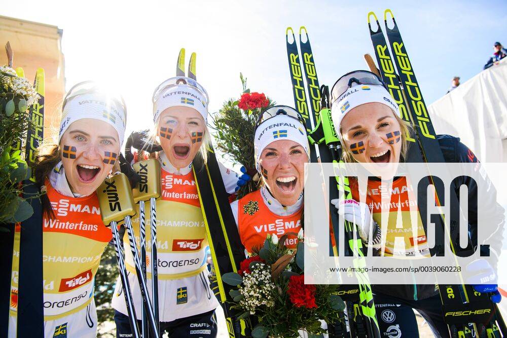 Ebba Andersson, Frida Karlsson, Charlotte Kalla and Stina Nilsson of Sweden celebrates after women s 4 x 5km relay during the FIS Nordic World Ski Championships on February 28, 2019 in Seefeld in Tirol. Photo: Joel Marklund BILDBYRAN kod JM 87902