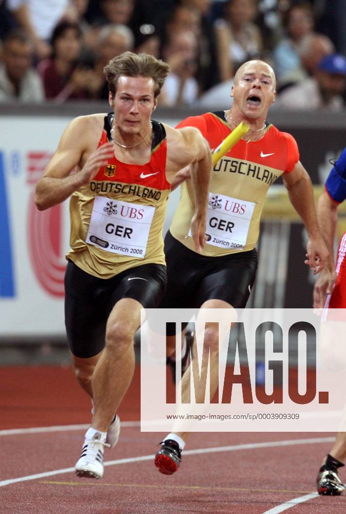 Till Helmke (li.) und Ronny Ostwald (beide Deutschland) Leichtathletik Herren Weltklasse Zürich 2008, IAAF Golden League, Meeting, Sportfest, 4x100m Staffel Gruppe Zürich Dynamik,