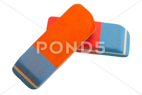 Two red and blue eraser on a white background, isolated art home without people 3 eraser color equipment group close-up objects rubber supplies writing school education bright office drawing instrument hobbies nobody horizontal white red blue