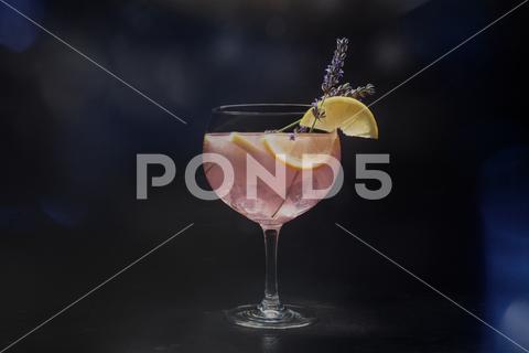 Fancy cocktail with fresh fruit. Gin and tonic drink with ice at a party, on a black background. Alcohol with lavender and lemon, toned image cocktail gin drink tonic bar glass bartender party vodka fruit ice colorful juice organic flower floral fizz lemon pink mixology garnish liquor fresh lavender table black dark slate stone background barman water soda sparkling slice gourmet alcohol relax luxury cold food cup lemonade beverage pub fancy light bokeh toned