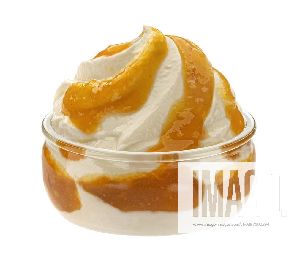 Glass jar of yogurt with peach jam isolated on white background Glass jar of yogurt with peach jam isolated on white background with clipping path, full depth of field
