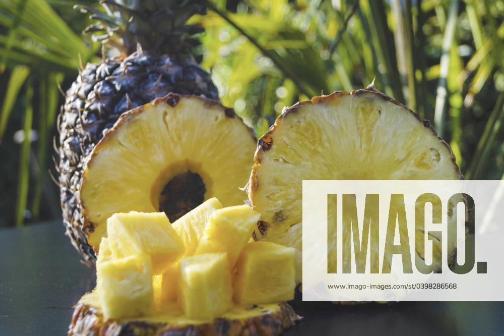 Ananas (Ananas comosus, Ananas sativus), ganze Frucht, Ananasscheiben und Ananasstuecke auf einem Tisch, Frischobst pineapple (Ananas comosus, Ananas sativus), whole fruit, pineapple slices and pineapple chunks on a table, fresh fruits BLWS702145
