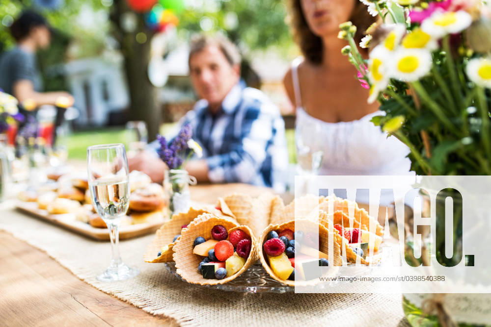 Family celebration or a garden party outside in the backyard. Family celebration outside in the backyard. Big garden party. model released
