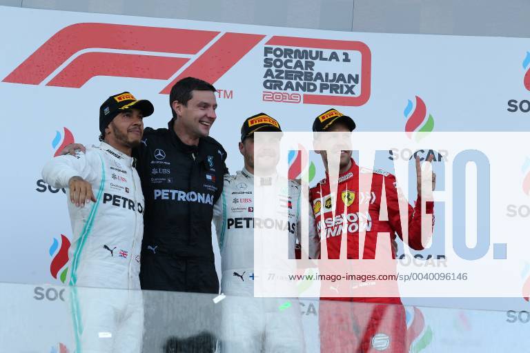 Lewis Hamilton; Valtteri Bottas; Mercedes Grand Prix, Sebastian Vettel, Scuderia Ferrari, formula 1 GP, Baku Aserbaidschan 28.04.2019 Photo:mspb Lukas Gorys Podium, Lewis Hamilton; Valtteri Bottas; Sebastian Vettel, formula 1 GP, Aserbaidschan