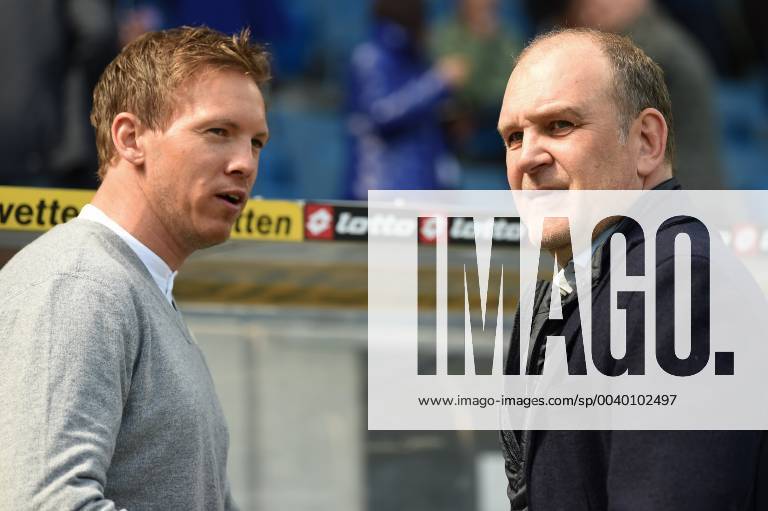 Fussball, 1. Bundesliga, TSG 1899 Hoffenheim - VfL Wolfsburg,, v.l. Hoffenheims Trainer Julian Nagelsmann (TSG 1899 Hoffenheim) mit Wolfsburgs GF Sports Joerg Schmadtke DFL regulations prohibit any use of photographs as image sequences and or quasi-video. 1. Fussball Bundesliga, TSG 1899 Hoffenheim - VfL Wolfsburg Sinsheim