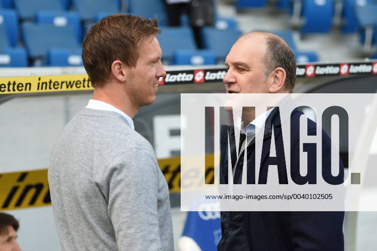 Fussball, 1. Bundesliga, TSG 1899 Hoffenheim - VfL Wolfsburg,, v.l. Hoffenheims Trainer Julian Nagelsmann (TSG 1899 Hoffenheim) mit Wolfsburgs GF Sports Joerg Schmadtke DFL regulations prohibit any use of photographs as image sequences and or quasi-video. 1. Fussball Bundesliga, TSG 1899 Hoffenheim - VfL Wolfsburg Sinsheim
