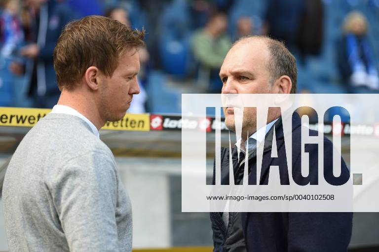Fussball, 1. Bundesliga, TSG 1899 Hoffenheim - VfL Wolfsburg,, v.l. Hoffenheims Trainer Julian Nagelsmann (TSG 1899 Hoffenheim) mit Wolfsburgs GF Sports Joerg Schmadtke DFL regulations prohibit any use of photographs as image sequences and or quasi-video. 1. Fussball Bundesliga, TSG 1899 Hoffenheim - VfL Wolfsburg Sinsheim