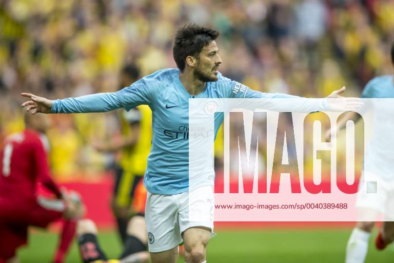David Silva of Manchester City celebrates scoring the opening goal during The FA Cup Final match between Manchester City and Watford at Wembley Stadium, London, England on 18 May 2019.