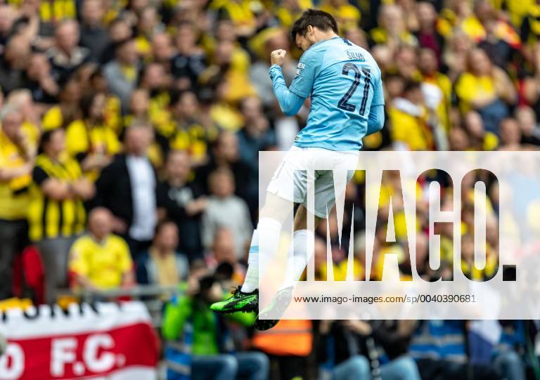 David Silva of Manchester City celebrates scoring the 1st goal during the FA CUP FINAL match between Manchester City and Watford at Wembley Stadium, London, England on 18 May 2019.
