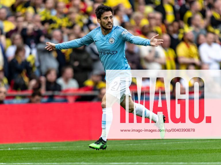 David Silva of Manchester City celebrates scoring the 1st goal during the FA CUP FINAL match between Manchester City and Watford at Wembley Stadium, London, England on 18 May 2019.