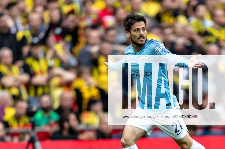 David Silva of Manchester City celebrates scoring the 1st goal during the FA CUP FINAL match between Manchester City and Watford at Wembley Stadium, London, England on 18 May 2019.