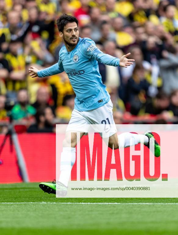 David Silva of Manchester City celebrates scoring the 1st goal during the FA CUP FINAL match between Manchester City and Watford at Wembley Stadium, London, England on 18 May 2019.