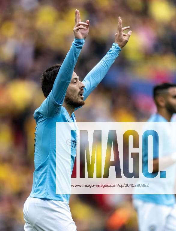 David Silva of Manchester City celebrates scoring the 1st goal during the FA CUP FINAL match between Manchester City and Watford at Wembley Stadium, London, England on 18 May 2019.