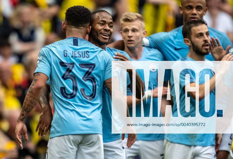 Raheem Sterling of Manchester City celebrates the 2nd goal scored by Gabriel Jesus of Manchester City during the FA CUP FINAL match between Manchester City and Watford at Wembley Stadium, London, England on 18 May 2019.