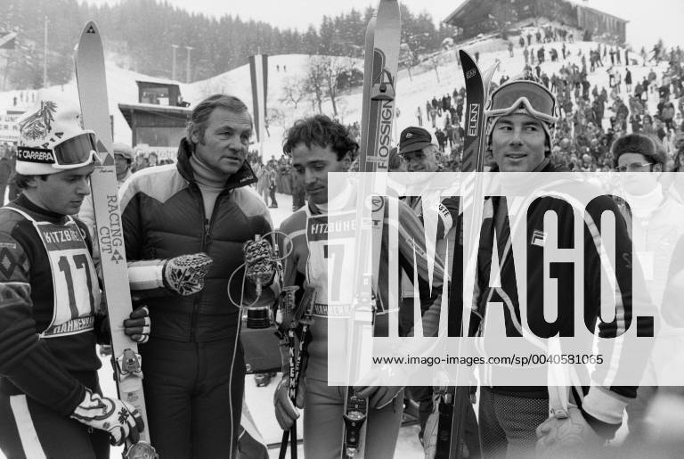 Ski Weltcup Kitzbühel - Slalom Herren SKI ALPIN SAISON 78 79 Weltcup Kitzbühel Slalom Herren 21.01.1979 Anton STEINER (Oesterreich), Sportreporter Harry VALERIEN, Christian Neureuther (Deutschland) und Ingemar STENMARK (Schweden vlnr) im Ziel. Kitzbühel Oesterreich