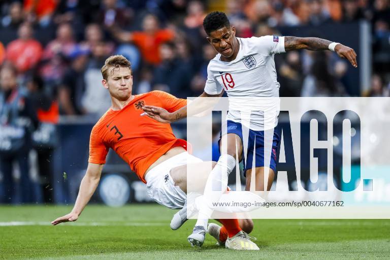 GUIMARAES, 06-06-2019, Estadio D. Afonso Henriques , UEFA Nations League Semi Final. (Left-right) Netherlands player Matthijs de Ligt, England player Marcus Rashford, penalty, during the game Netherlands - England Netherlands - England x3610609x