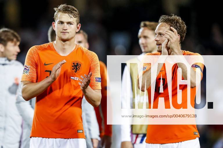 GUIMARAES, 06-06-2019, Estadio D. Afonso Henriques , UEFA Nations League Semi Final. (Left-right) Netherlands player Matthijs de Ligt, Netherlands player Daley Blind thanking fans during the game Netherlands - England Netherlands - England x3611500x