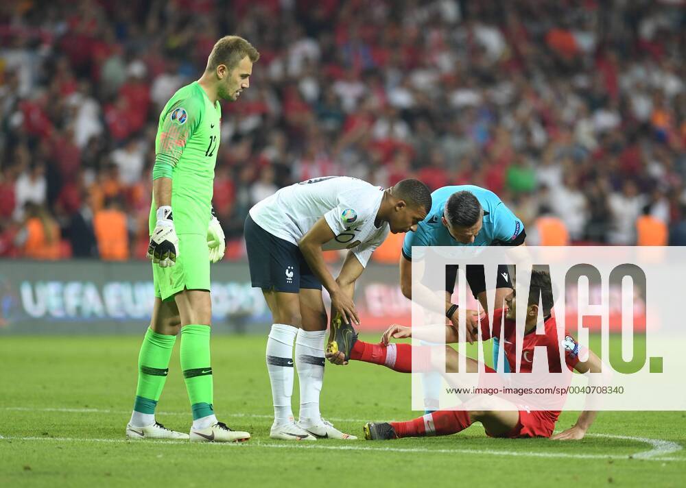 Frances Kylian Mbappe Lottin and Turkeyd Dorukhan Tokoz during Euro 2020 group H qualifying soccer match between Turkey and France at the Konya City Stadium in Konya, Turkey