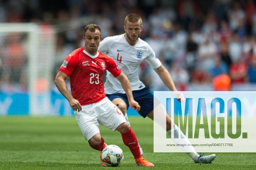 Guimaraes, Portugal, 09.06.2019, UEFA Nations League, 3. Platz, Schweiz - England, Xherdan Shaqiri (Switzerland) and Eric Dier (England) battle for the ball ( Defodi-09-531-002183