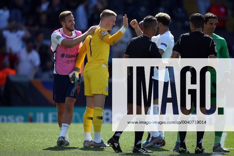 Switzerland v England UEFA Nations League 3rd Place Play-off Jordan Pickford of England celebrates victory at the end of the UEFA Nations League 3rd Place Play-off match at Estadio D. Afonso Henrique, Guimaraes Content Not Available For UK Newspapers