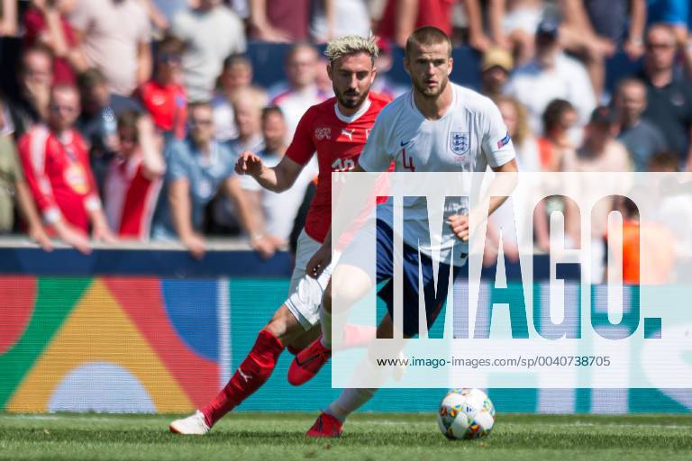 Guimaraes, Portugal, 09.06.2019, UEFA Nations League, 3. Platz, Schweiz - England, Josip Drmic (Switzerland) and Eric Dier (England) battle for the ball ( Defodi-09-531-002628