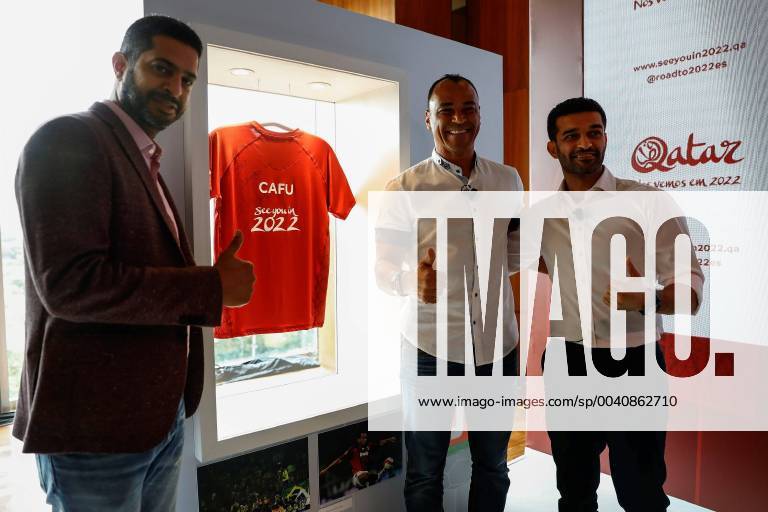 Brazilian former soccer player Marcos Evangelista de Moraes Cafu (C) poses with Qatar 2022 World Cup President Nasser Al Khater (L) and Secretary General Hassan Al Tahwadi (R) during an exhibition on the Qatar 2022 World Cup, organized by the World Cup 2022 Organizing Committee, in Sao Paulo, Brazil, 21 June 2019. Cafu was appointed as one of the ambassadors of the event. Cafu appointed Qatar 2022 ambassador in Sao Paulo !ACHTUNG: NUR REDAKTIONELLE NUTZUNG!