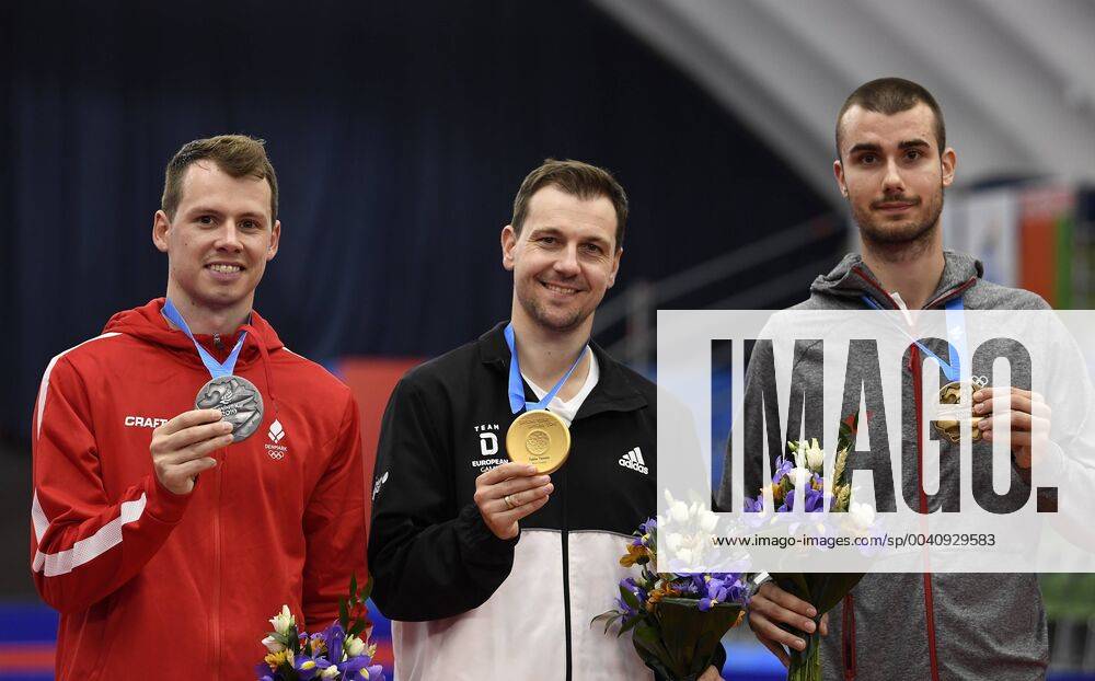 KW26 DK: 20190626, Minsk, Hviderusland. Europaspiele Minsk 2019. Bordtennis finale herresingle Jonathan Groth, Danmark Denmark DEN vs Timo Boll Tyskland Germany GER. Timo Boll vinder guld, Jonathan Groth vinder soelv og Pucar .Tomislav fra Kroatien vinder bronze Foto: Lars Moeller UK: 20190626, Minsk, Belarus. European Games Minsk 2019. Photo: Lars Moeller , Minsk Hviderusland