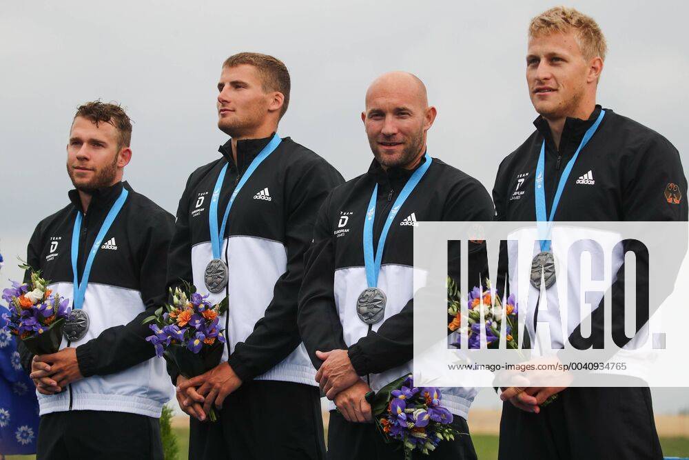 KW26 MINSK REGION, BELARUS - JUNE 27, 2019: Silver medallists Max Lemke, Tom Liebscher, Ronald Rauhe, and Max Rendschmidt of Germany (L-R) during the victory ceremony for the men s 500m four person kayak (K4) final at the Regatta Course in Zaslavl, Minsk Region, at the 2nd Europaspiele Sergei Bobylev TASS TS0B123D
