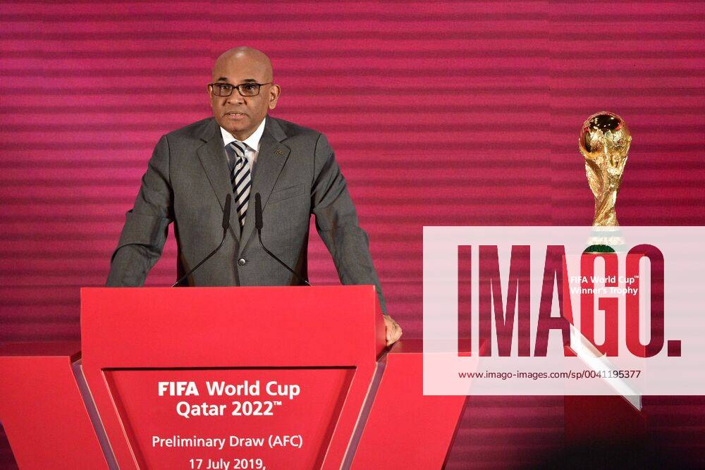 (190717) -- KUALA LUMPUR, July 17, 2019 (Xinhua) -- Asian Football Confederation (AFC) General Secretary Windsor John speaks during the drawing ceremony for the second round of FIFA World Cup, WM, Weltmeisterschaft, Fussball Qatar 2022 Asian qualifiers in Kuala Lumpur, Malaysia, on July 17, 2019. (Xinhua Chong Voon Chung) (SP)MALAYSIA-KUALA LUMPUR-FIFA WORLD CUP QATAR-PRELIMINARY DRAW