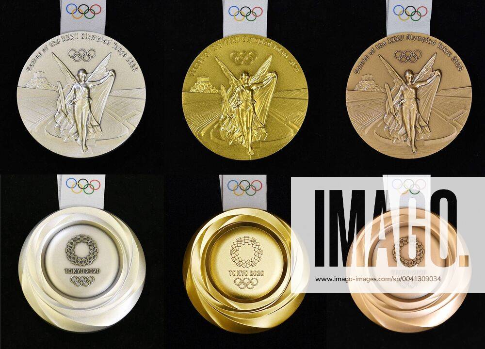 KW30 2020 Tokyo Olympics medals Photo taken July 22, 2019, shows both sides of the (from L) silver, gold and bronze medals for the 2020 Tokyo Olympics.